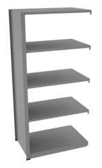 A tall, grey metal shelving unit with five evenly spaced shelves is shown. It has an open design with a solid back panel on the left side and appears free-standing. The shelves are flat and unadorned.