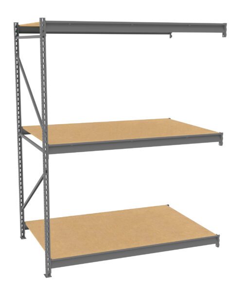 A large, three-tiered, metal shelving unit with beige wooden shelves is shown. The shelves are supported by a sturdy gray metal frame, designed for storage or organizational purposes. The unit is freestanding with open sides.