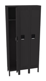 A black, three-compartment metal parcel locker stands with one door ajar, revealing an empty interior featuring a single shelf. The locker boasts vent slots and simple rectangular handles on each door.