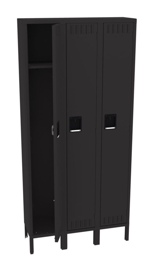uufsorkxctlu0g9zjctk.jpg A black, three-compartment metal parcel locker stands with one door ajar, revealing an empty interior featuring a single shelf. The locker boasts vent slots and simple rectangular handles on each door.