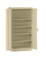 A beige metal storage cabinet with two open doors, revealing five adjustable shelves inside. The cabinet features a lock on the right door for security.