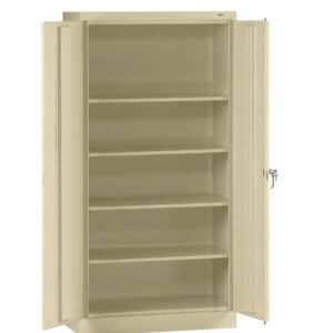 A beige metal storage cabinet with two open doors, revealing five adjustable shelves inside. The cabinet features a lock on the right door for security.