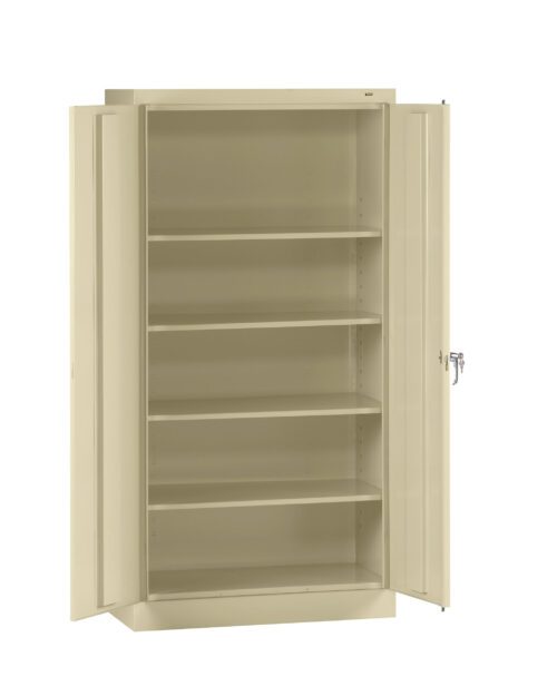 uugnmwaysxsrqrvxopg7.jpg A beige metal storage cabinet with two open doors, revealing five adjustable shelves inside. The cabinet features a lock on the right door for security.