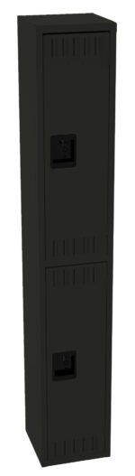 A tall, black metal locker with two compartments, each featuring a recessed handle and ventilation slots. The locker stands upright against a plain background.
