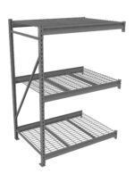 A metal shelving unit with three wire mesh shelves and a solid top shelf. It features a sturdy frame with reinforced metal beams and cross bracing for stability. The design is industrial and suitable for heavy-duty storage.