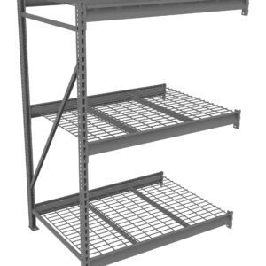 A metal shelving unit with three wire mesh shelves and a solid top shelf. It features a sturdy frame with reinforced metal beams and cross bracing for stability. The design is industrial and suitable for heavy-duty storage.