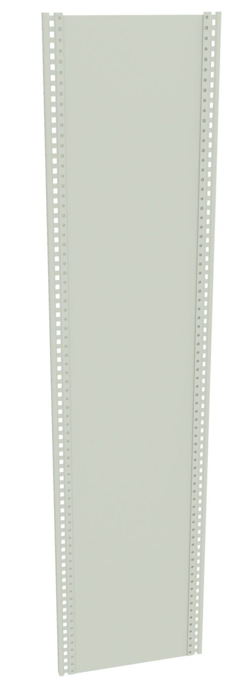 A tall, light gray metal panel with two rows of evenly spaced holes along its length. The panel is depicted against a white background, showcasing a plain and industrial design.