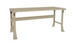 A beige, industrial-style workbench with adjustable height legs and a sturdy metal frame. The table has a flat rectangular surface suitable for various tasks.