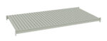 Rectangular metal shelf with vertical grooves, designed to fit into storage or shelving units. The shelf is light gray, featuring small brackets at the corners for securing onto a frame.