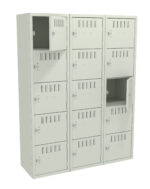 A bank of light gray lockers with three columns and multiple rows. Two locker doors are open, revealing empty compartments. Each locker has ventilation slits and a keyhole. The design is utilitarian and structured.