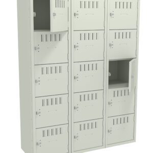 A bank of light gray lockers with three columns and multiple rows. Two locker doors are open, revealing empty compartments. Each locker has ventilation slits and a keyhole. The design is utilitarian and structured.
