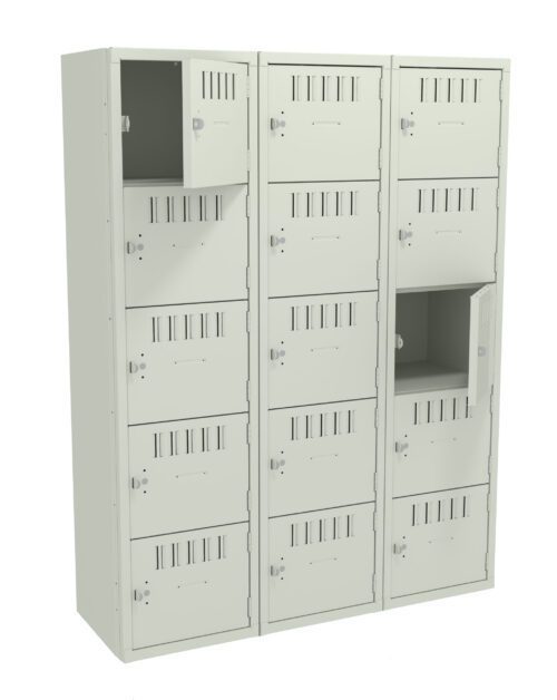 A bank of light gray lockers with three columns and multiple rows. Two locker doors are open, revealing empty compartments. Each locker has ventilation slits and a keyhole. The design is utilitarian and structured.