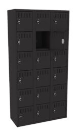 A black multi-compartment locker with five rows and three columns. Each compartment has a keyhole and slots for ventilation. One compartment door is open in the middle row, revealing an empty interior.