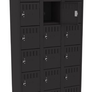 A black multi-compartment locker with five rows and three columns. Each compartment has a keyhole and slots for ventilation. One compartment door is open in the middle row, revealing an empty interior.