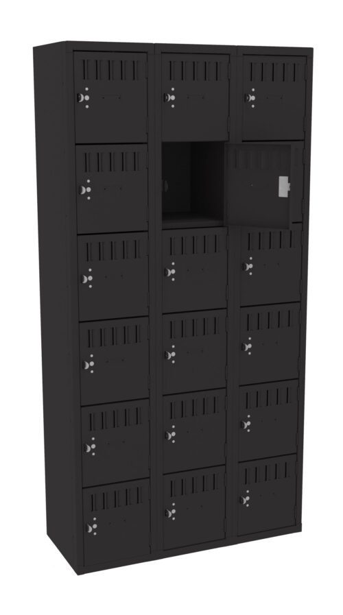 A black multi-compartment locker with five rows and three columns. Each compartment has a keyhole and slots for ventilation. One compartment door is open in the middle row, revealing an empty interior.