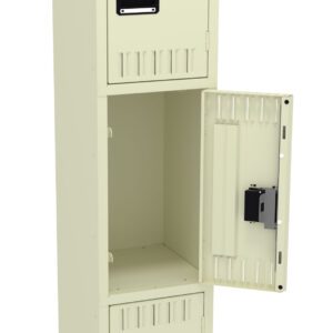 A tall, beige metal locker with three compartments, each having a black handle. The middle compartments door is open, revealing an empty interior. The top and bottom compartments are closed.