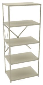 A tall, beige metal shelving unit with six shelves and a cross-brace for stability. The shelves are evenly spaced and the structure is simple, suitable for storage or organization.