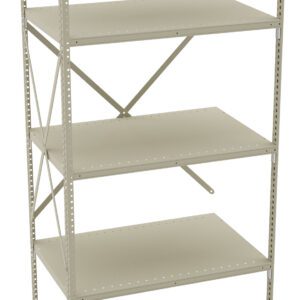 A tall, beige metal shelving unit with six shelves and a cross-brace for stability. The shelves are evenly spaced and the structure is simple, suitable for storage or organization.