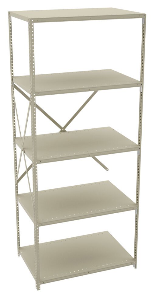 A tall, beige metal shelving unit with six shelves and a cross-brace for stability. The shelves are evenly spaced and the structure is simple, suitable for storage or organization.