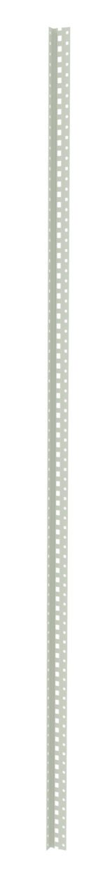 A long, vertical metal strip with a series of small, evenly spaced rectangular cutouts running along its length. The strip has a light grey color and appears to be part of a structural or construction component.