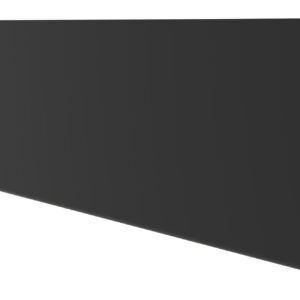 A black, flat L-shaped metal object with a long horizontal base and a vertical rectangular section. It is viewed from an angle, showing its depth and structure. The surface appears smooth and matte.