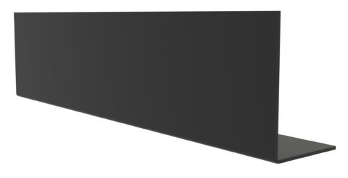 A black, flat L-shaped metal object with a long horizontal base and a vertical rectangular section. It is viewed from an angle, showing its depth and structure. The surface appears smooth and matte.