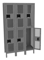 A metallic gray locker unit with six compartments arranged in two rows. Each locker features a lattice-style perforated door, with one door open to reveal the empty interior. The locker stands on short legs.