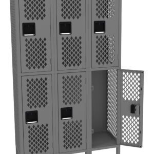 A metallic gray locker unit with six compartments arranged in two rows. Each locker features a lattice-style perforated door, with one door open to reveal the empty interior. The locker stands on short legs.