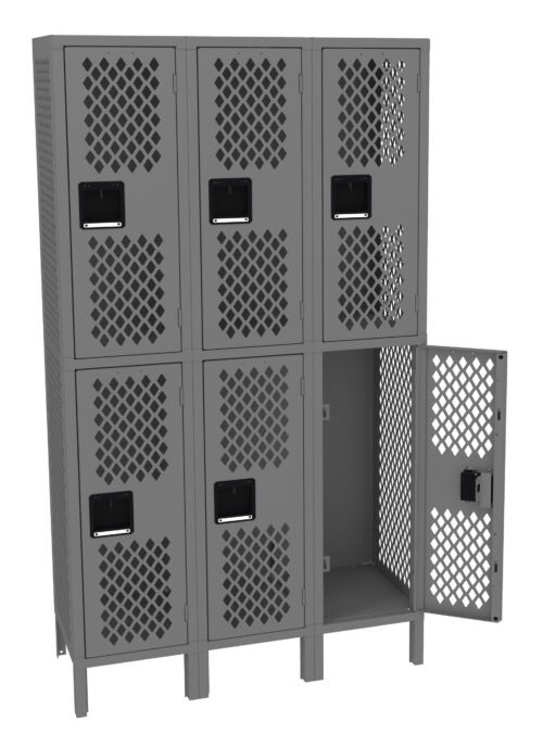 A metallic gray locker unit with six compartments arranged in two rows. Each locker features a lattice-style perforated door, with one door open to reveal the empty interior. The locker stands on short legs.