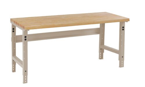 A sturdy workbench with a light wood top and beige metal legs. The work surface is flat and rectangular, supported by adjustable leg brackets with visible bolts, designed for workshop or garage use.
