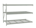 Industrial gray metal shelving unit with three adjustable shelves. The middle and bottom shelves have metal mesh surfaces, while the top shelf is solid. The unit is standing against a white background.