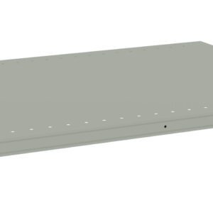 A flat, rectangular, gray metal shelf with small holes along the edge, supported by short metal brackets at each corner.