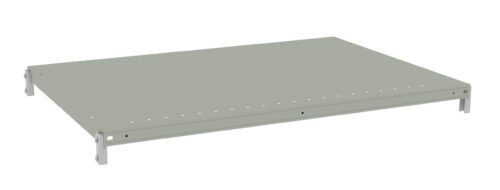 A flat, rectangular, gray metal shelf with small holes along the edge, supported by short metal brackets at each corner.