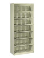 Tall beige shelving unit with multiple transparent rows. Each row contains several clear, angled compartments designed for organizing documents or materials. The shelf is empty against a white background.