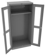 A tall, empty metal cabinet with open double glass doors. The cabinet is gray with adjustable shelves and ventilation slots near the top. Each door has a handle and lock. The interior is spacious, designed for storage or organization.