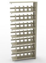 A tall beige metal shelving unit with eight levels, each divided into multiple compartments. The shelves and dividers have notches and slots, giving it an adjustable and modular appearance. The background is plain white.
