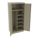 A beige metal storage cabinet with two doors open, revealing multiple shelves inside. The cabinet has a simple, utilitarian design with adjustable shelf spacing. The right door features a lock mechanism.
