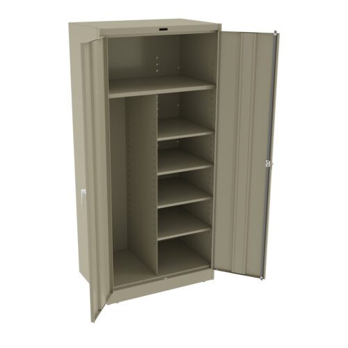 uxofw2nl2ubqjudgfsze.jpg A beige metal storage cabinet with two doors open, revealing multiple shelves inside. The cabinet has a simple, utilitarian design with adjustable shelf spacing. The right door features a lock mechanism.