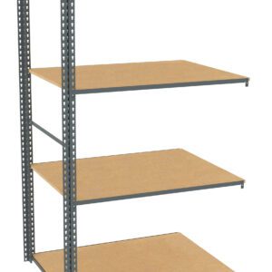 A metal shelving unit with four wooden shelves. The structure has a minimalist design with perforated metal supports and evenly spaced rectangular shelves. The unit is shown on a plain white background.