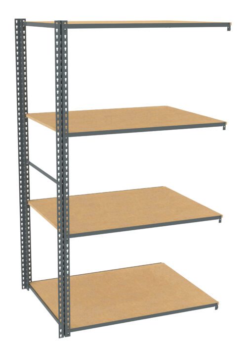 A metal shelving unit with four wooden shelves. The structure has a minimalist design with perforated metal supports and evenly spaced rectangular shelves. The unit is shown on a plain white background.