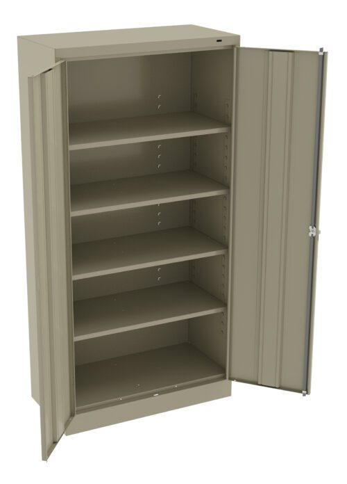 A beige metal storage cabinet with two open doors revealing five empty shelves, including the cabinet bottom. The cabinet has a simple, utilitarian design, suitable for organizing and storing various items.