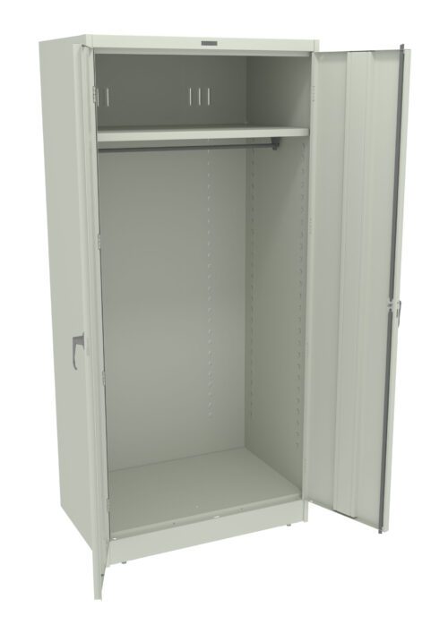 uxzrqefmaansx799aldd.jpg A light gray, metal storage cabinet with two open doors. It features a single shelf at the top and a hanging rod beneath it. The interior and exterior are plain, with a simple handle on each door.