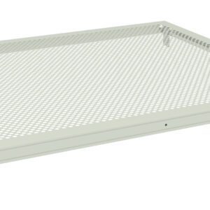 A metal shelf with a perforated design, featuring small round holes across its surface. It has a rectangular shape with raised edges, and is designed to be mounted on a framework or support structure. The color is light gray.