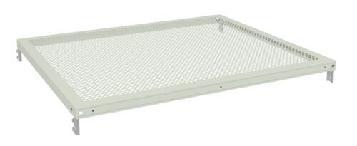 A metal shelf with a perforated design, featuring small round holes across its surface. It has a rectangular shape with raised edges, and is designed to be mounted on a framework or support structure. The color is light gray.