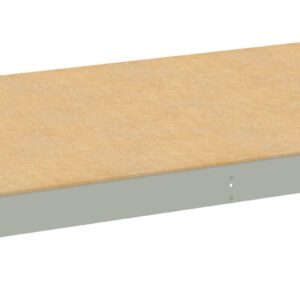 A rectangular wooden shelf with a light brown surface and gray metal edges. The shelf appears plain and unadorned, suitable for use in shelving systems or storage units.