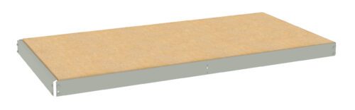 A rectangular wooden shelf with a light brown surface and gray metal edges. The shelf appears plain and unadorned, suitable for use in shelving systems or storage units.