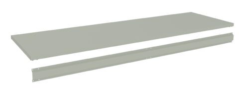 A gray rectangular metal shelf with a matching metal strip, designed for easy assembly and installation. The shelf has a smooth surface, and the strip has pre-drilled holes for mounting. Both pieces are shown in a minimalistic layout.