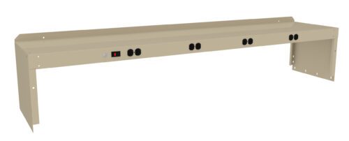 A beige metal desk riser with multiple power outlets, including four sets of sockets and a power switch, designed to fit over a workbench for added electrical access.