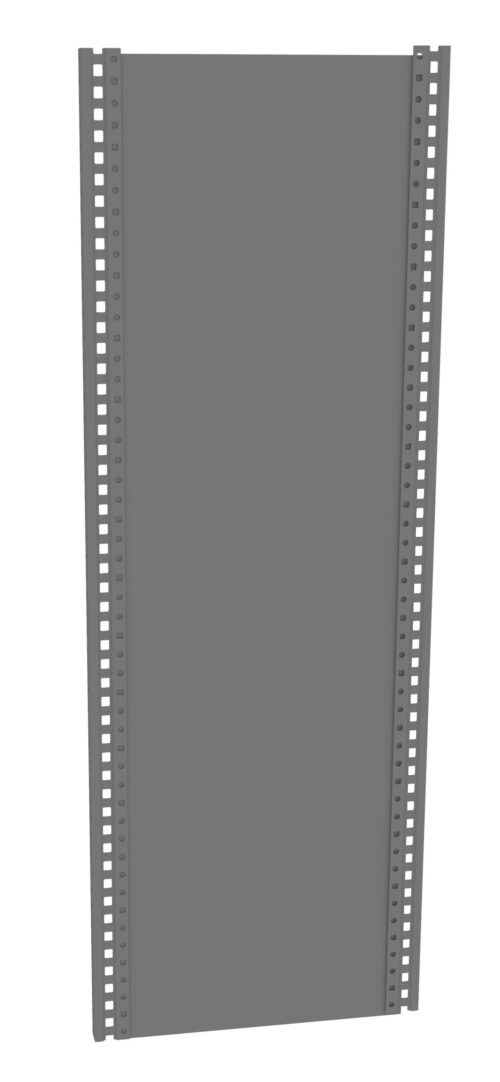 A tall, rectangular gray metal panel with perforated edges. The panel has uniformly spaced holes along the vertical sides, suggesting a structural or mounting purpose.