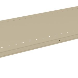 A beige, rectangular metal shelf with multiple evenly spaced holes along its edges and two metal brackets on the sides for mounting.